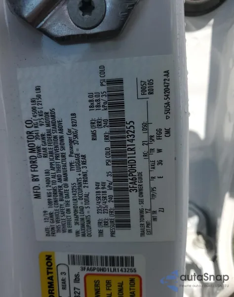 2020 Ford Fusion Se из США, поврежденный, VIN 3FA6P0HD1LR143255